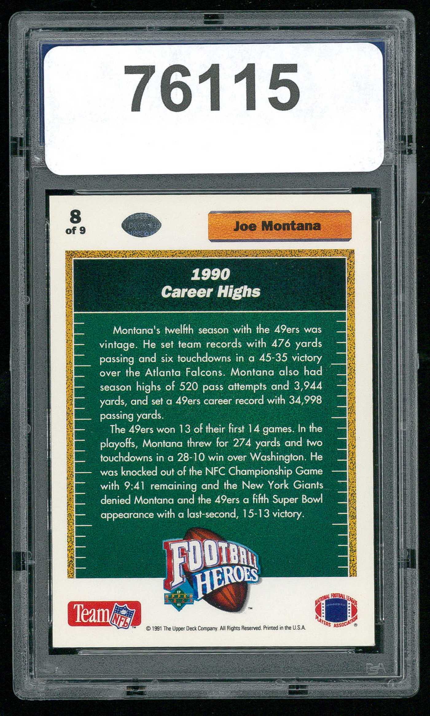Joe Montana Signed 1991 Upper Deck Heroes #8 (PSA Encapsulated) at PristineAuction.com Joe Montana Signed 1991 Upper Deck Heroes #8 (PSA Encapsulated) at PristineAuction.com