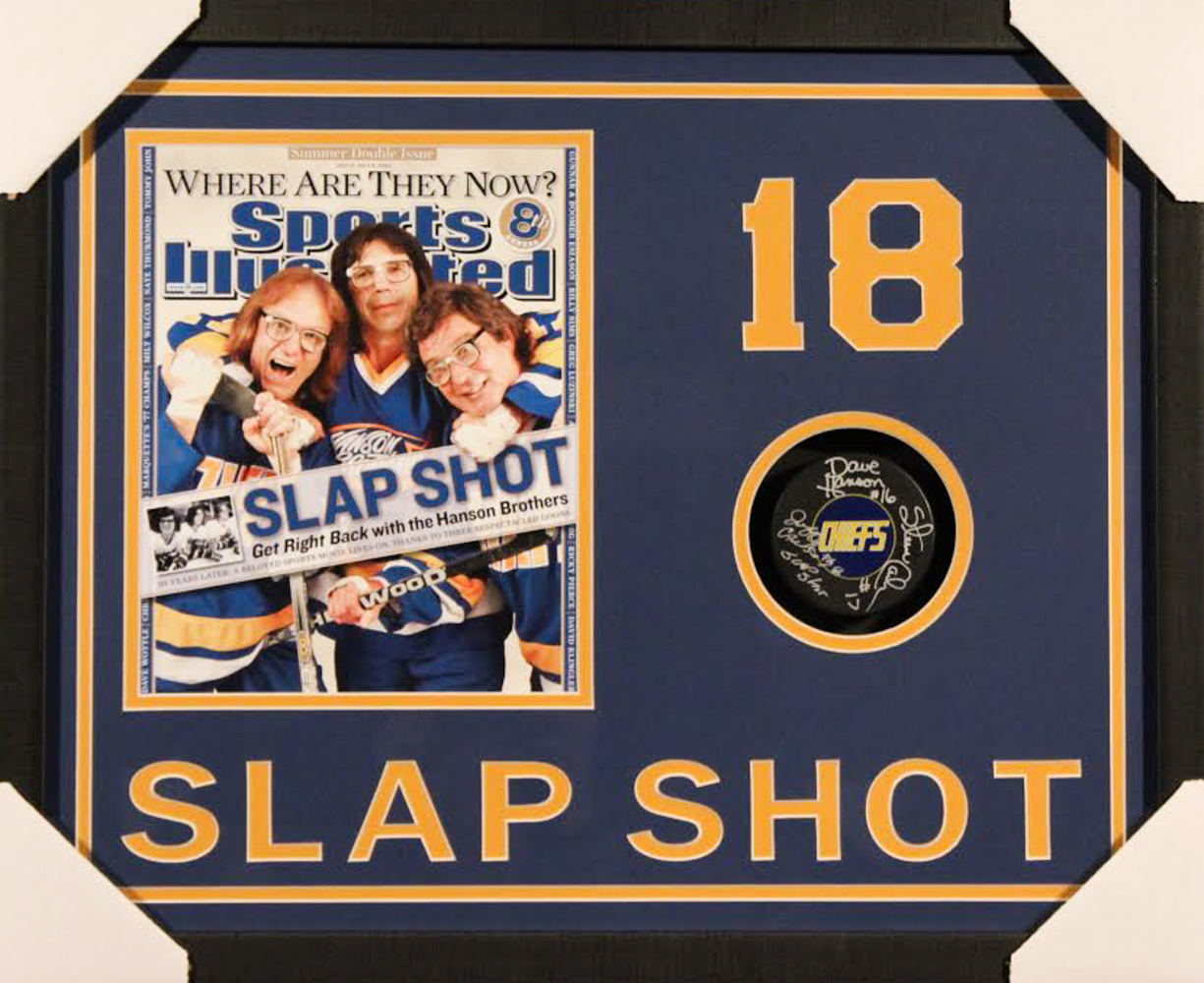 Dave Hanson, Steve Carlson & Jeff Carlson Signed Hanson Brothers "Slap Shot" Chiefs 21x2x17 Custom Framed Shadowbox Hockey Puck Display (JSA COA) at PristineAuction.com Dave Hanson, Steve Carlson & Jeff Carlson Signed Hanson Brothers "Slap Shot" Chiefs 21x2x17 Custom Framed Shadowbox Hockey Puck Display (JSA COA) at PristineAuction.com