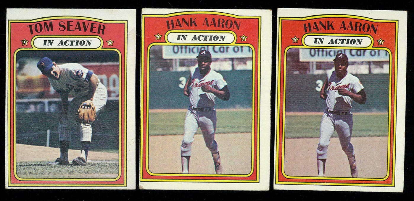 Lot of (3) 1972 Topps Baseball Cards with (2) #300 Hank Aaron In Action & (1) #446 Tom Seaver In Action at PristineAuction.com Lot of (3) 1972 Topps Baseball Cards with (2) #300 Hank Aaron In Action & (1) #446 Tom Seaver In Action at PristineAuction.com