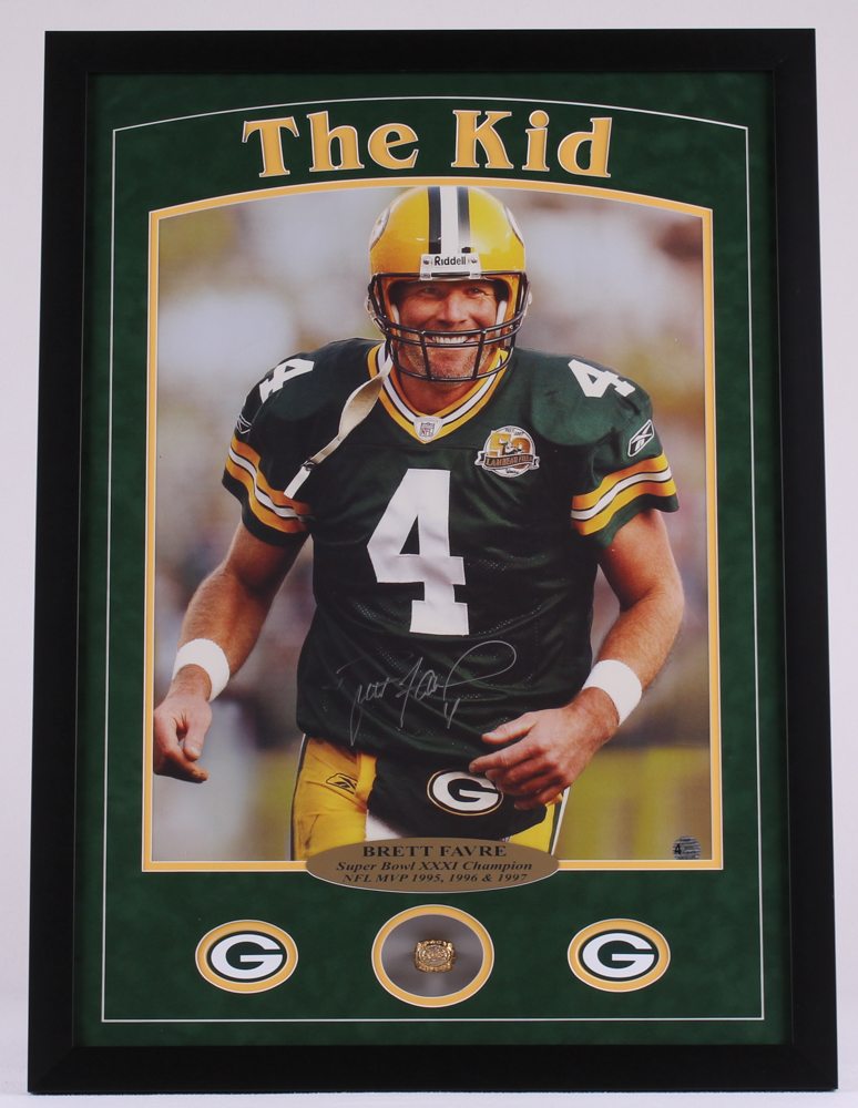 Brett Favre Signed Packers "The Kid" 22x30x2 Custom Framed Shadowbox Super Bowl XXXI Championship Ring Display (Favre COA) at PristineAuction.com Brett Favre Signed Packers "The Kid" 22x30x2 Custom Framed Shadowbox Super Bowl XXXI Championship Ring Display (Favre COA) at PristineAuction.com