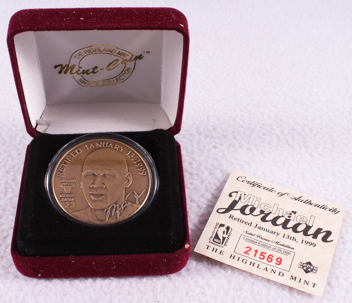 Michael Jordan Limited Edition Bulls Solid Bronze Coin from The Highland Mint in Case at PristineAuction.com Michael Jordan Limited Edition Bulls Solid Bronze Coin from The Highland Mint in Case at PristineAuction.com