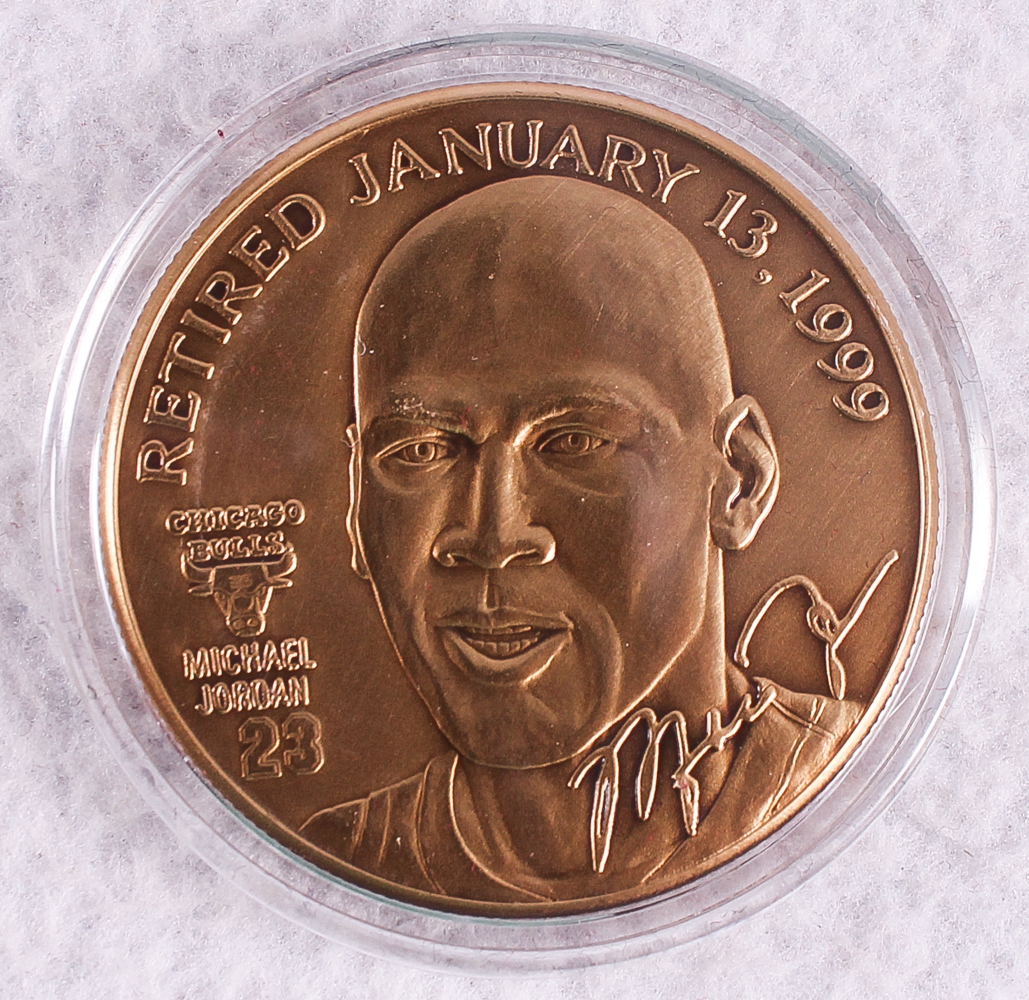 Michael Jordan Limited Edition Bulls Solid Bronze Coin from The Highland Mint in Case at PristineAuction.com Michael Jordan Limited Edition Bulls Solid Bronze Coin from The Highland Mint in Case at PristineAuction.com