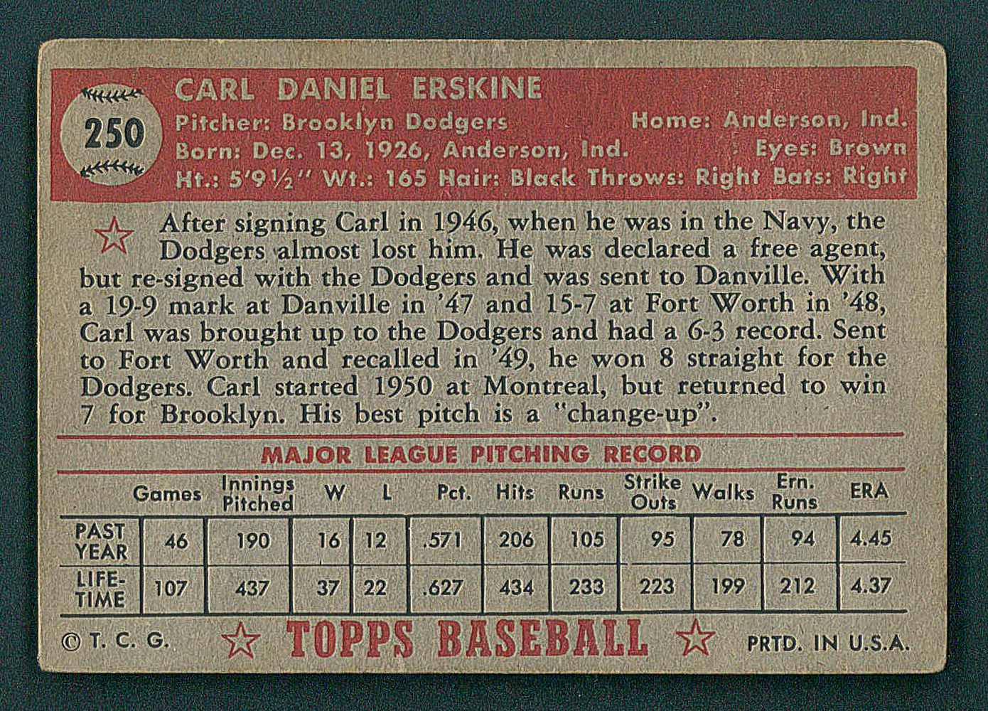 Carl Erskine 1952 Topps #250 at PristineAuction.com Carl Erskine 1952 Topps #250 at PristineAuction.com