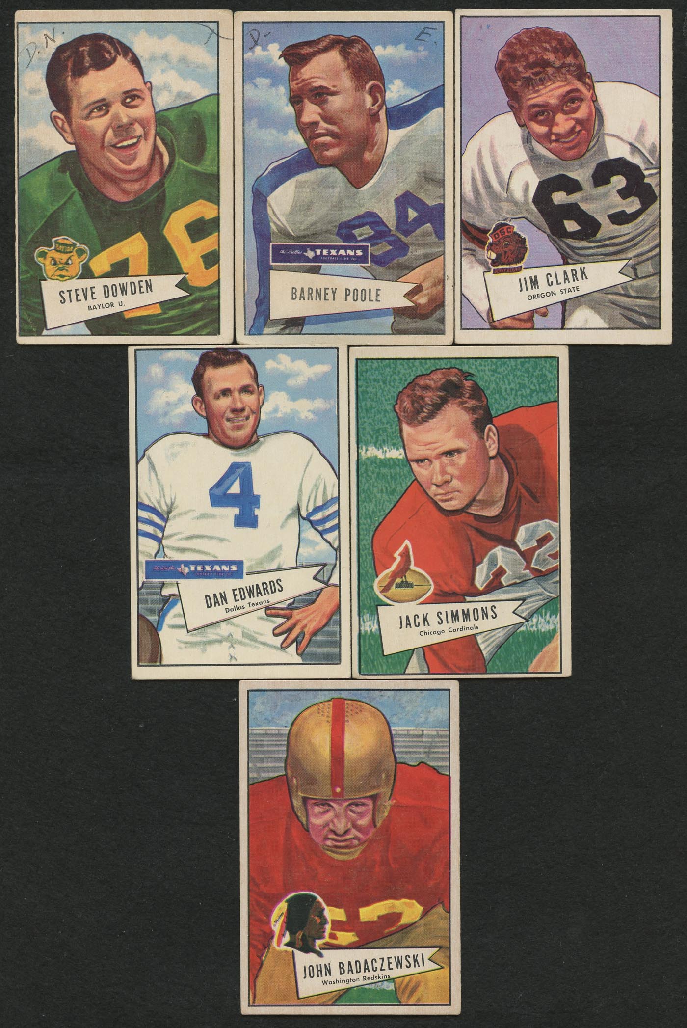 Lot of (6) 1952 Bowman Football Cards with John Badaczewski #112, Dan Edwards #77, Jack Simmons #110, Steve Dowden #40, Barney Poole #11 & Jim Clark #66 at PristineAuction.com Lot of (6) 1952 Bowman Football Cards with John Badaczewski #112, Dan Edwards #77, Jack Simmons #110, Steve Dowden #40, Barney Poole #11 & Jim Clark #66 at PristineAuction.com