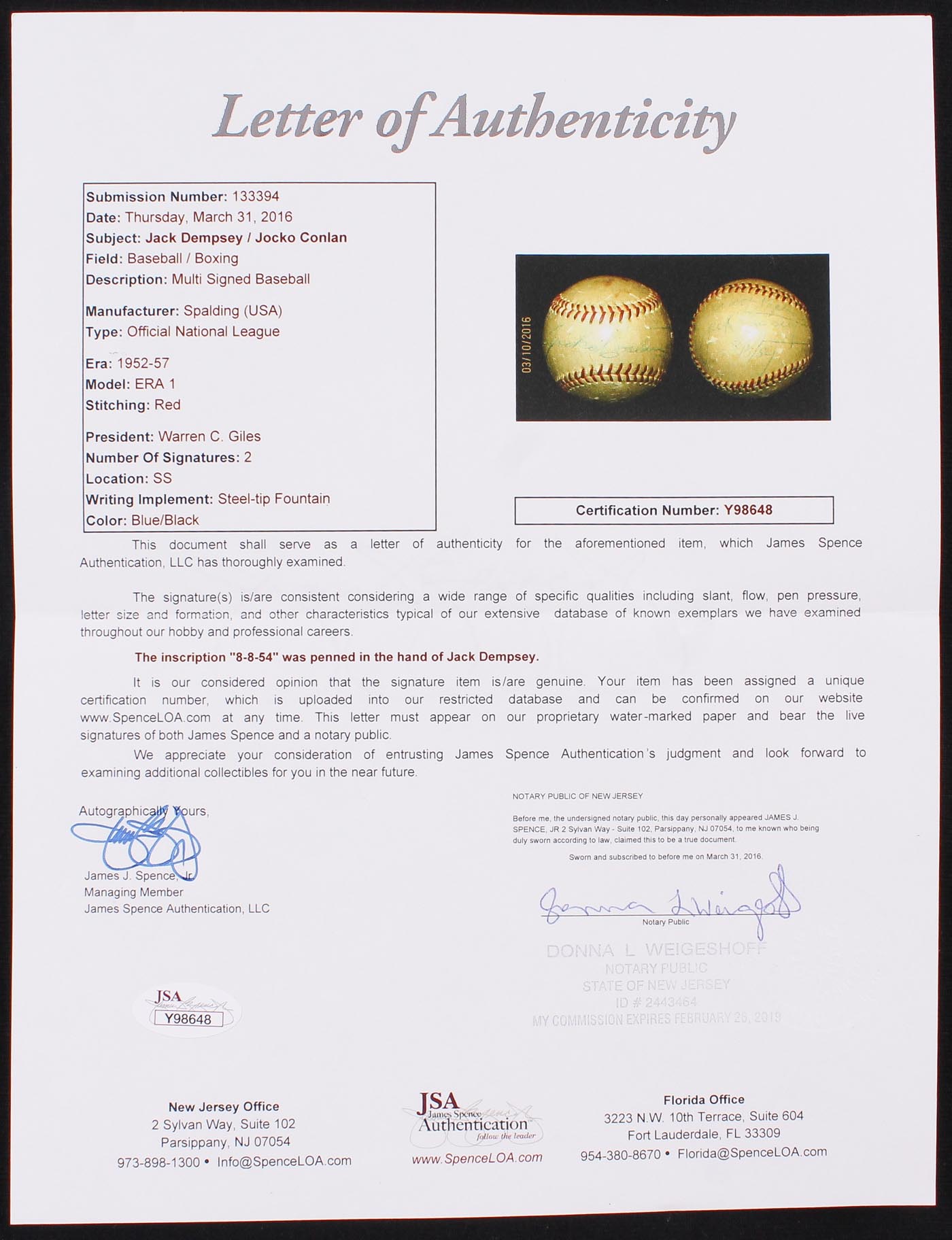 Jack Dempsey & Jocko Conlan Signed ONL Baseball Inscribed "8/8/54" (JSA LOA) at PristineAuction.com Jack Dempsey & Jocko Conlan Signed ONL Baseball Inscribed "8/8/54" (JSA LOA) at PristineAuction.com