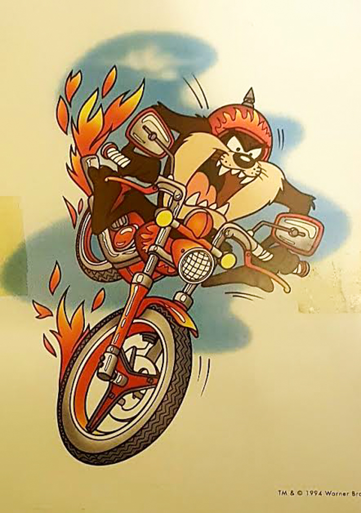 Tasmanian Devil Biker on Fire 1994 Warner Bros. 11x14 Matted Print at PristineAuction.com Tasmanian Devil Biker on Fire 1994 Warner Bros. 11x14 Matted Print at PristineAuction.com