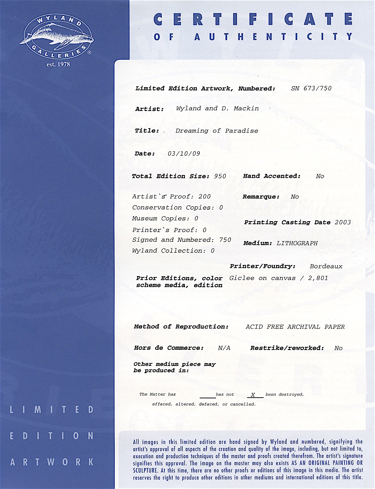 Wyland "Dreaming of Paradise" Signed Limited Edition 17.5" x 27" Lithograph #673/750 (Wyland Galleries COA) at PristineAuction.com Wyland "Dreaming of Paradise" Signed Limited Edition 17.5" x 27" Lithograph #673/750 (Wyland Galleries COA) at PristineAuction.com