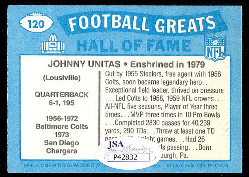 Johnny Unitas Signed 1988 Swell Greats 120 (JSA COA) Pristine Auction