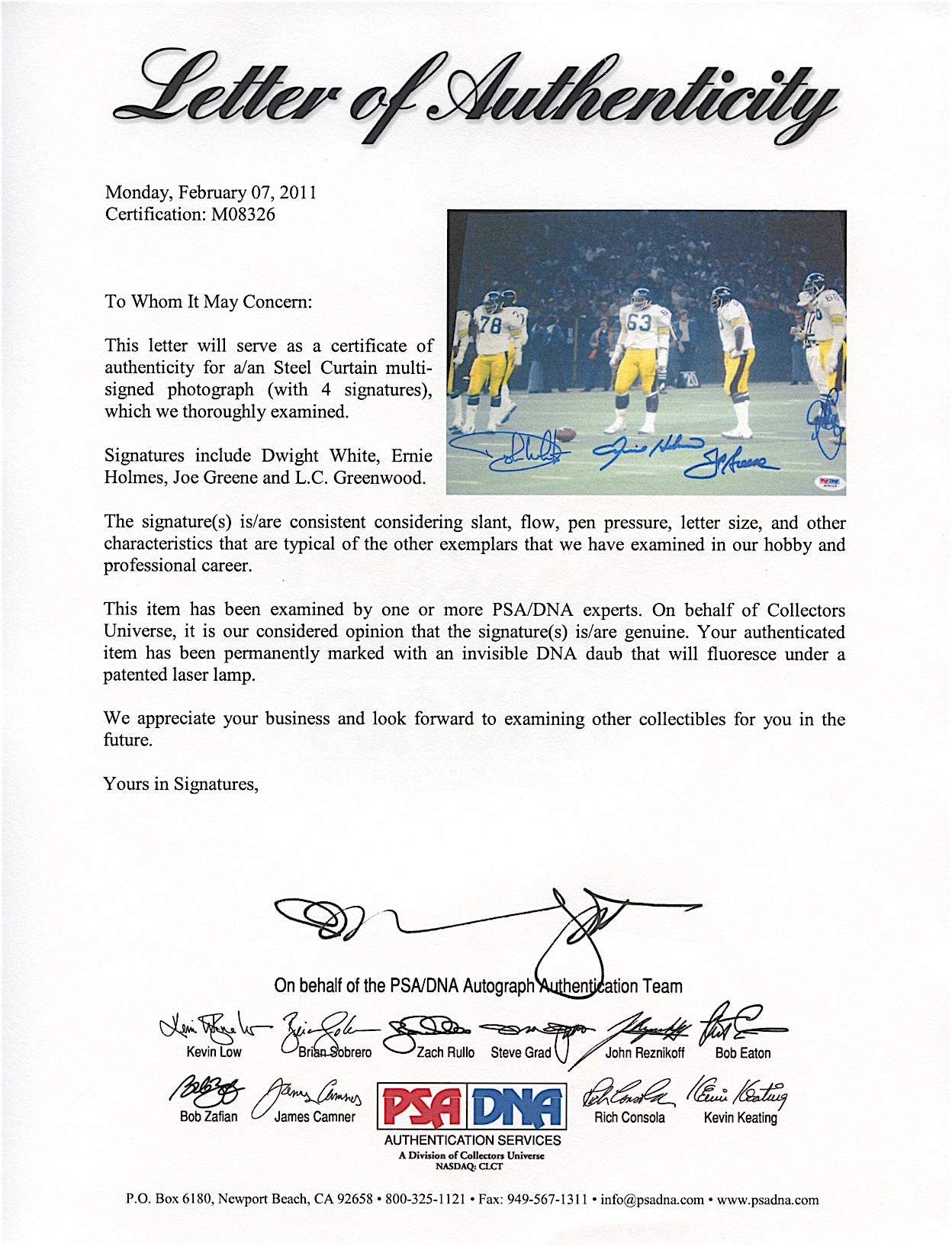 Steelers "Steel Curtain" Signed 11x14 Photo with (4) Signatures Including Dwight White, Ernie Holmes, Joe Green, & L.C. Greenwood (PSA LOA) at PristineAuction.com Steelers "Steel Curtain" Signed 11x14 Photo with (4) Signatures Including Dwight White, Ernie Holmes, Joe Green, & L.C. Greenwood (PSA LOA) at PristineAuction.com