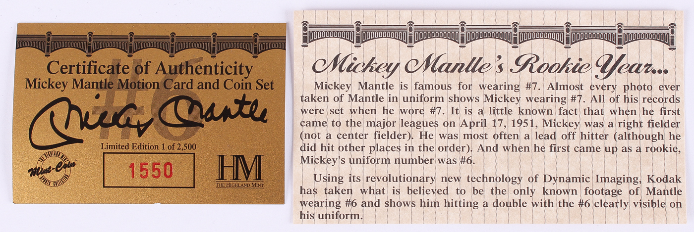 Mickey Mantle Yankees Limited Edition Commemorative Coin in Case with Motion Card (Highland Mint COA) at PristineAuction.com Mickey Mantle Yankees Limited Edition Commemorative Coin in Case with Motion Card (Highland Mint COA) at PristineAuction.com