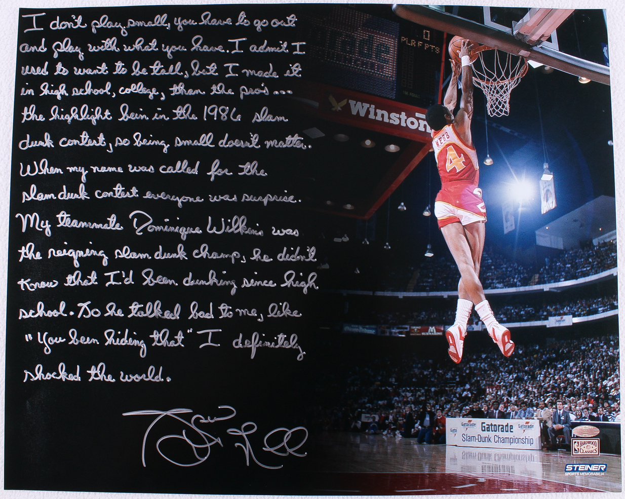 Spud Webb Signed Hawks "1986 Slam Dunk Contest" 16x20 Story Photo with Extensive Inscription (Steiner COA) at PristineAuction.com Spud Webb Signed Hawks "1986 Slam Dunk Contest" 16x20 Story Photo with Extensive Inscription (Steiner COA) at PristineAuction.com
