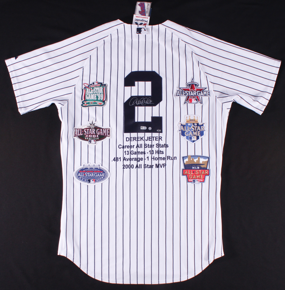 Set of (2) Derek Jeter Signed LE Yankees Majestic Authentic Home & Away Career Highlight Stat Jerseys Out of /22 (MLB Hologram & Steiner COA) at PristineAuction.com Set of (2) Derek Jeter Signed LE Yankees Majestic Authentic Home & Away Career Highlight Stat Jerseys Out of /22 (MLB Hologram & Steiner COA) at PristineAuction.com