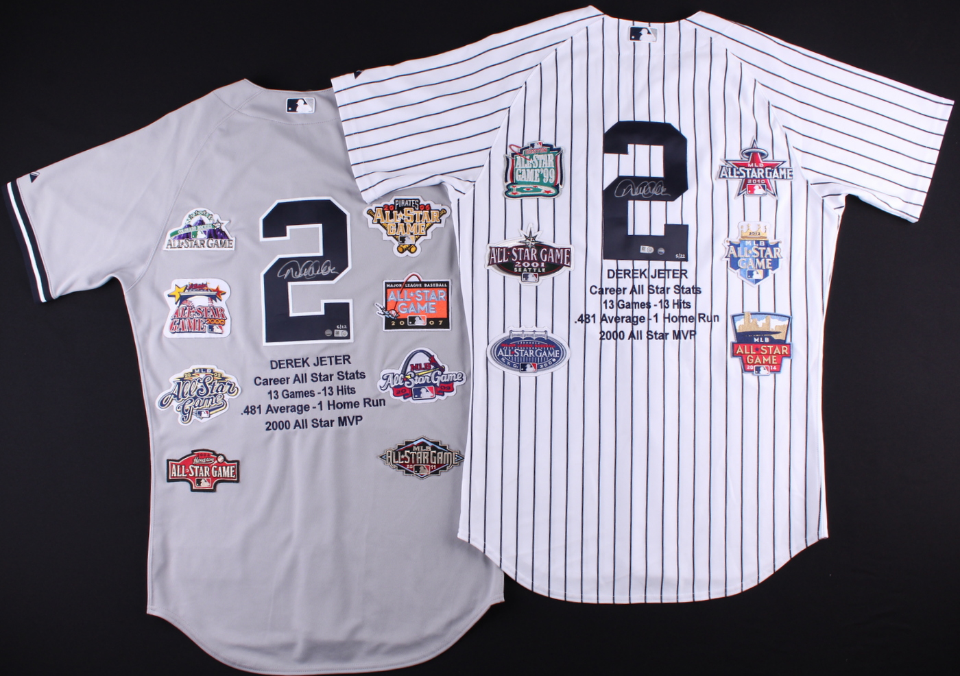 Set of (2) Derek Jeter Signed LE Yankees Majestic Authentic Home & Away Career Highlight Stat Jerseys Out of /22 (MLB Hologram & Steiner COA) at PristineAuction.com Set of (2) Derek Jeter Signed LE Yankees Majestic Authentic Home & Away Career Highlight Stat Jerseys Out of /22 (MLB Hologram & Steiner COA) at PristineAuction.com