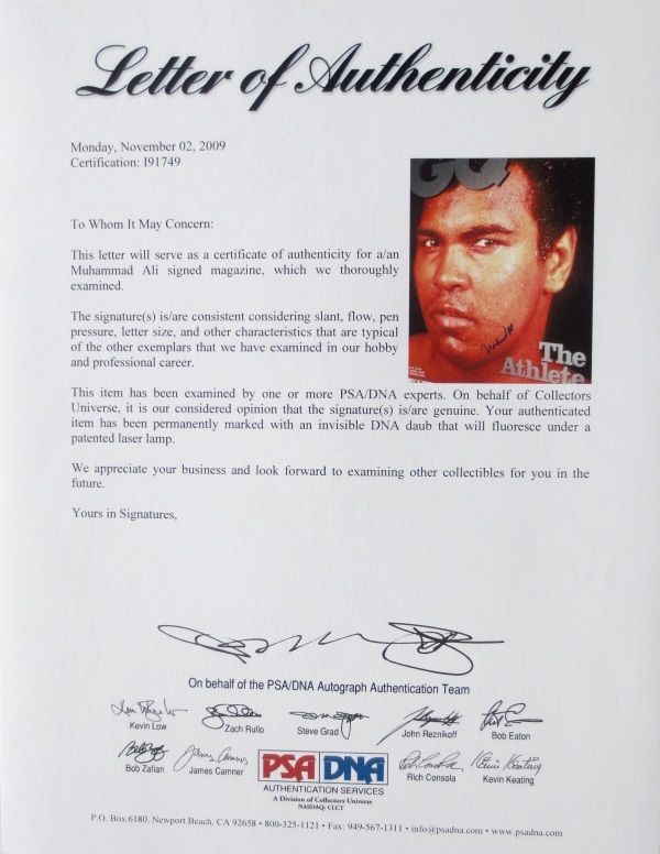 Muhammad Ali Signed 1999 GQ Magazine (PSA COA & PSA LOA) at PristineAuction.com Muhammad Ali Signed 1999 GQ Magazine (PSA COA & PSA LOA) at PristineAuction.com
