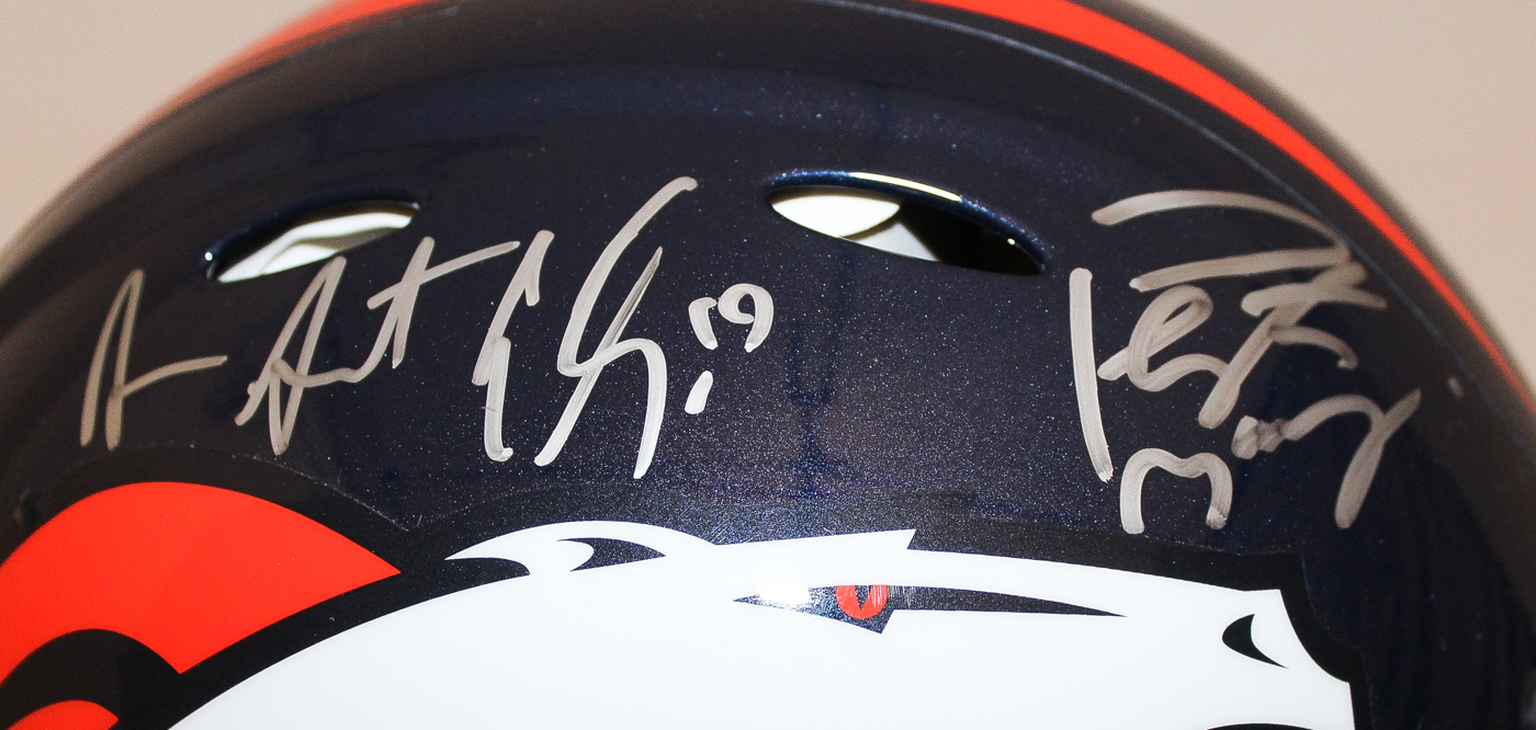 Denver Broncos Team-Signed Full-Size Authentic Pro-Line Helmet with (10) Signatures Including Peyton Manning, Von Miller, Aqib Talib, Emmanuel Sanders, DeMarcus Ware Limited Edition #50/50 (Fanatics Hologram) at PristineAuction.com Denver Broncos Team-Signed Full-Size Authentic Pro-Line Helmet with (10) Signatures Including Peyton Manning, Von Miller, Aqib Talib, Emmanuel Sanders, DeMarcus Ware Limited Edition #50/50 (Fanatics Hologram) at PristineAuction.com