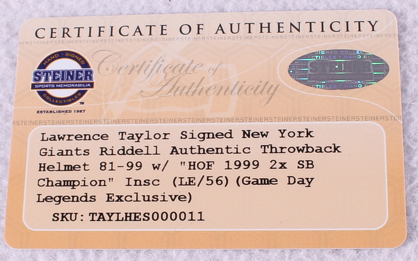 Lawrence Taylor Signed Giants Full-Size Authentic Pro-Line Helmet Inscribed "2x SB Champs" & "HOF 99" Limited Edition #1/56 (Steiner COA) at PristineAuction.com Lawrence Taylor Signed Giants Full-Size Authentic Pro-Line Helmet Inscribed "2x SB Champs" & "HOF 99" Limited Edition #1/56 (Steiner COA) at PristineAuction.com