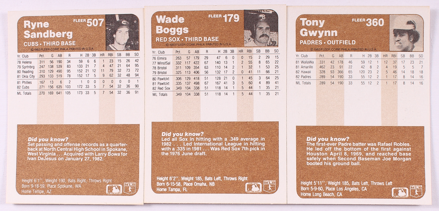 1983 Fleer Complete Set of (660) Baseball Cards with #360 Tony Gwynn RC, #179 Wade Boggs RC, #507 Ryne Sandberg RC at PristineAuction.com 1983 Fleer Complete Set of (660) Baseball Cards with #360 Tony Gwynn RC, #179 Wade Boggs RC, #507 Ryne Sandberg RC at PristineAuction.com