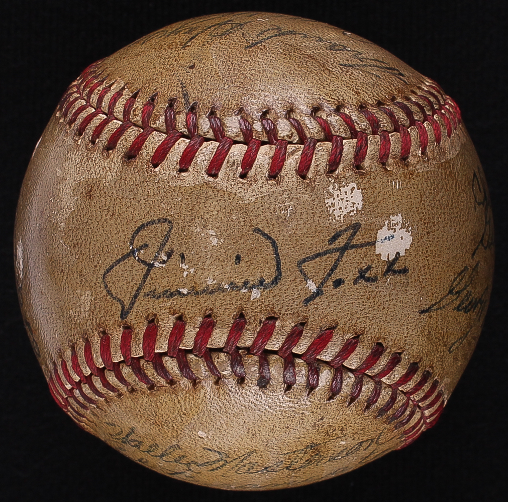 Jimmie Foxx Sweet Spot Signed 1937-1960 Philadelphia Athletics Multi-Signed Baseball Signed by (12) With Frankie Hayes, Wally Moses, George Caster, Charlie Berry, Charlie Gilbert (JSA LOA) at PristineAuction.com Jimmie Foxx Sweet Spot Signed 1937-1960 Philadelphia Athletics Multi-Signed Baseball Signed by (12) With Frankie Hayes, Wally Moses, George Caster, Charlie Berry, Charlie Gilbert (JSA LOA) at PristineAuction.com