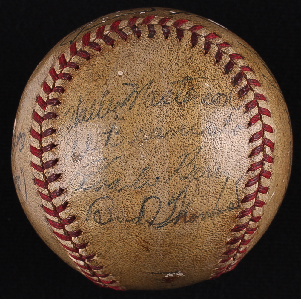 Jimmie Foxx Sweet Spot Signed 1937-1960 Philadelphia Athletics Multi-Signed Baseball Signed by (12) With Frankie Hayes, Wally Moses, George Caster, Charlie Berry, Charlie Gilbert (JSA LOA) at PristineAuction.com Jimmie Foxx Sweet Spot Signed 1937-1960 Philadelphia Athletics Multi-Signed Baseball Signed by (12) With Frankie Hayes, Wally Moses, George Caster, Charlie Berry, Charlie Gilbert (JSA LOA) at PristineAuction.com