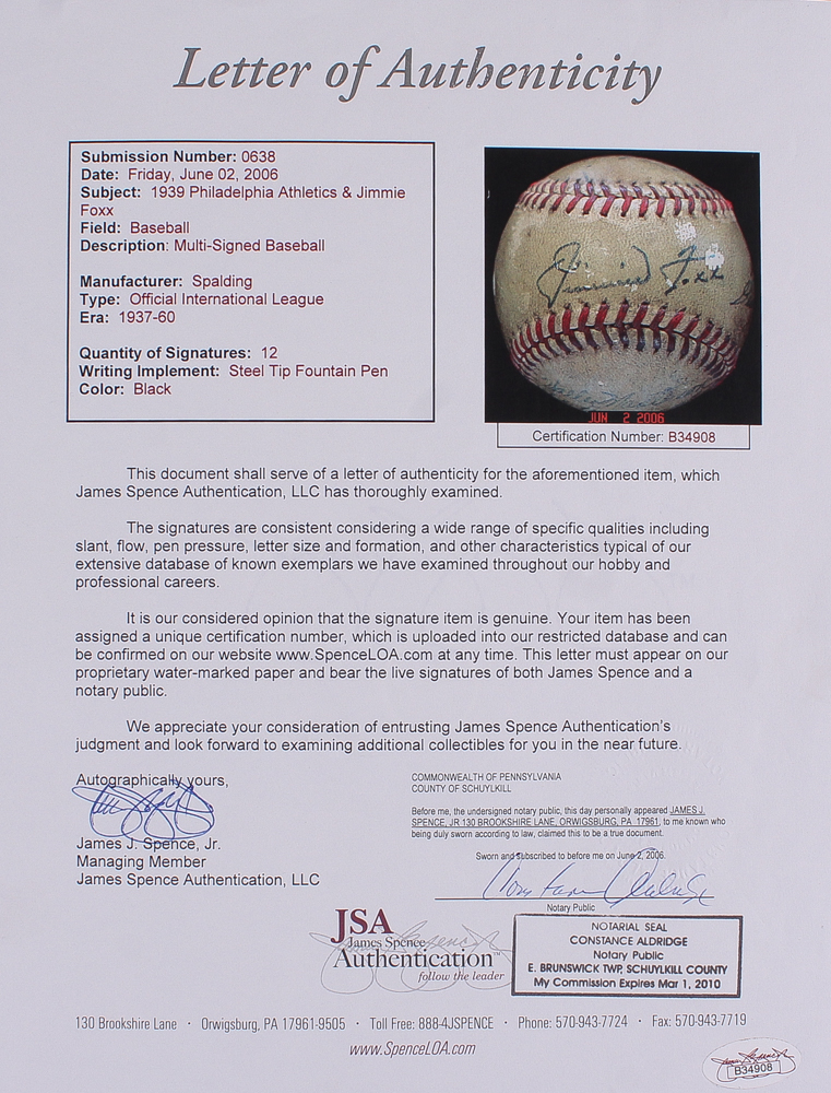 Jimmie Foxx Sweet Spot Signed 1937-1960 Philadelphia Athletics Multi-Signed Baseball Signed by (12) With Frankie Hayes, Wally Moses, George Caster, Charlie Berry, Charlie Gilbert (JSA LOA) at PristineAuction.com Jimmie Foxx Sweet Spot Signed 1937-1960 Philadelphia Athletics Multi-Signed Baseball Signed by (12) With Frankie Hayes, Wally Moses, George Caster, Charlie Berry, Charlie Gilbert (JSA LOA) at PristineAuction.com