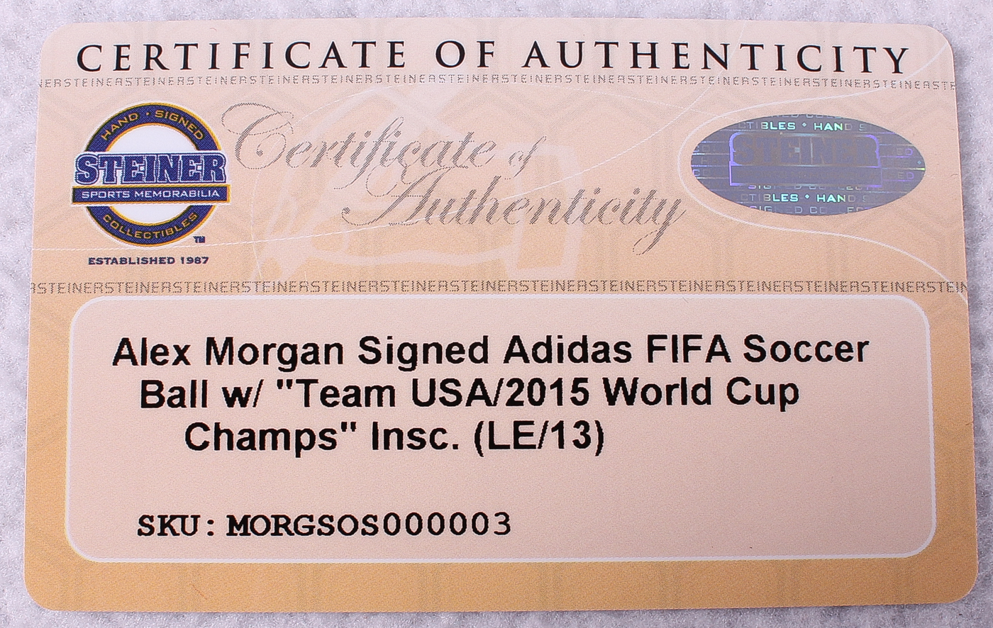 Alex Morgan Signed LE Authentic Adidas FIFA Soccer Ball Inscribed "Team USA 2015 World Champs" (Steiner COA) at PristineAuction.com Alex Morgan Signed LE Authentic Adidas FIFA Soccer Ball Inscribed "Team USA 2015 World Champs" (Steiner COA) at PristineAuction.com