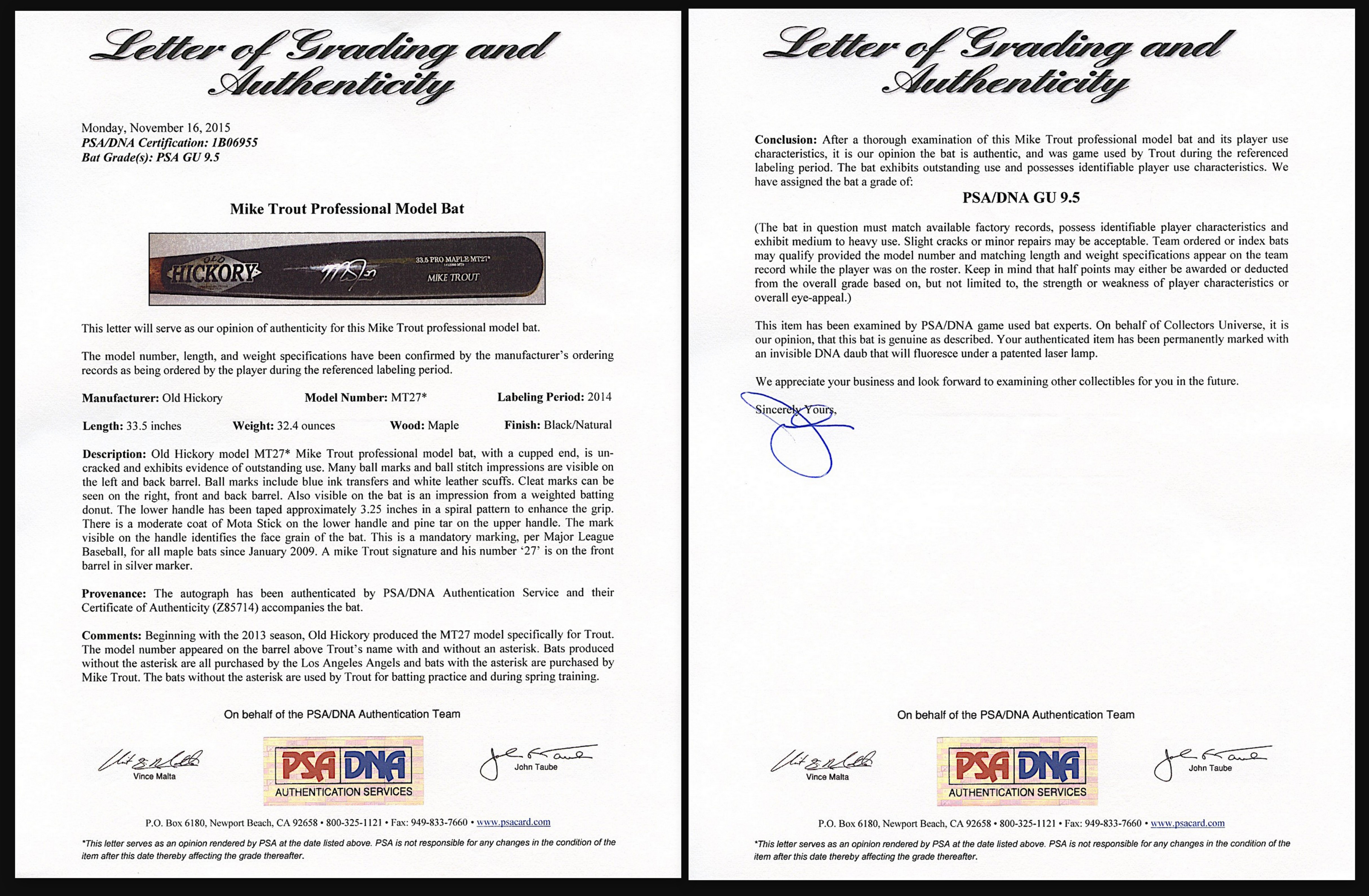 Mike Trout Signed & Game-Used 2014 Old Hickory Model MT27 Baseball Bat - PSA Game-Used Grade 9.5 (PSA LOA) at PristineAuction.com Mike Trout Signed & Game-Used 2014 Old Hickory Model MT27 Baseball Bat - PSA Game-Used Grade 9.5 (PSA LOA) at PristineAuction.com