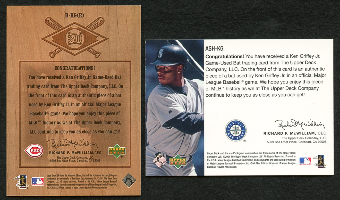 Lot of (2) Ken Griffey Jr. Game-Used Relic Insert Baseball Cards with 2001 Upper Deck All-Star Heroes Memorabilia #ASHKG Bat #0822 / 1992 & 2001 SP Game Bat Milestone Piece of Action Bound for the Hall #BKGR at PristineAuction.com Lot of (2) Ken Griffey Jr. Game-Used Relic Insert Baseball Cards with 2001 Upper Deck All-Star Heroes Memorabilia #ASHKG Bat #0822 / 1992 & 2001 SP Game Bat Milestone Piece of Action Bound for the Hall #BKGR at PristineAuction.com