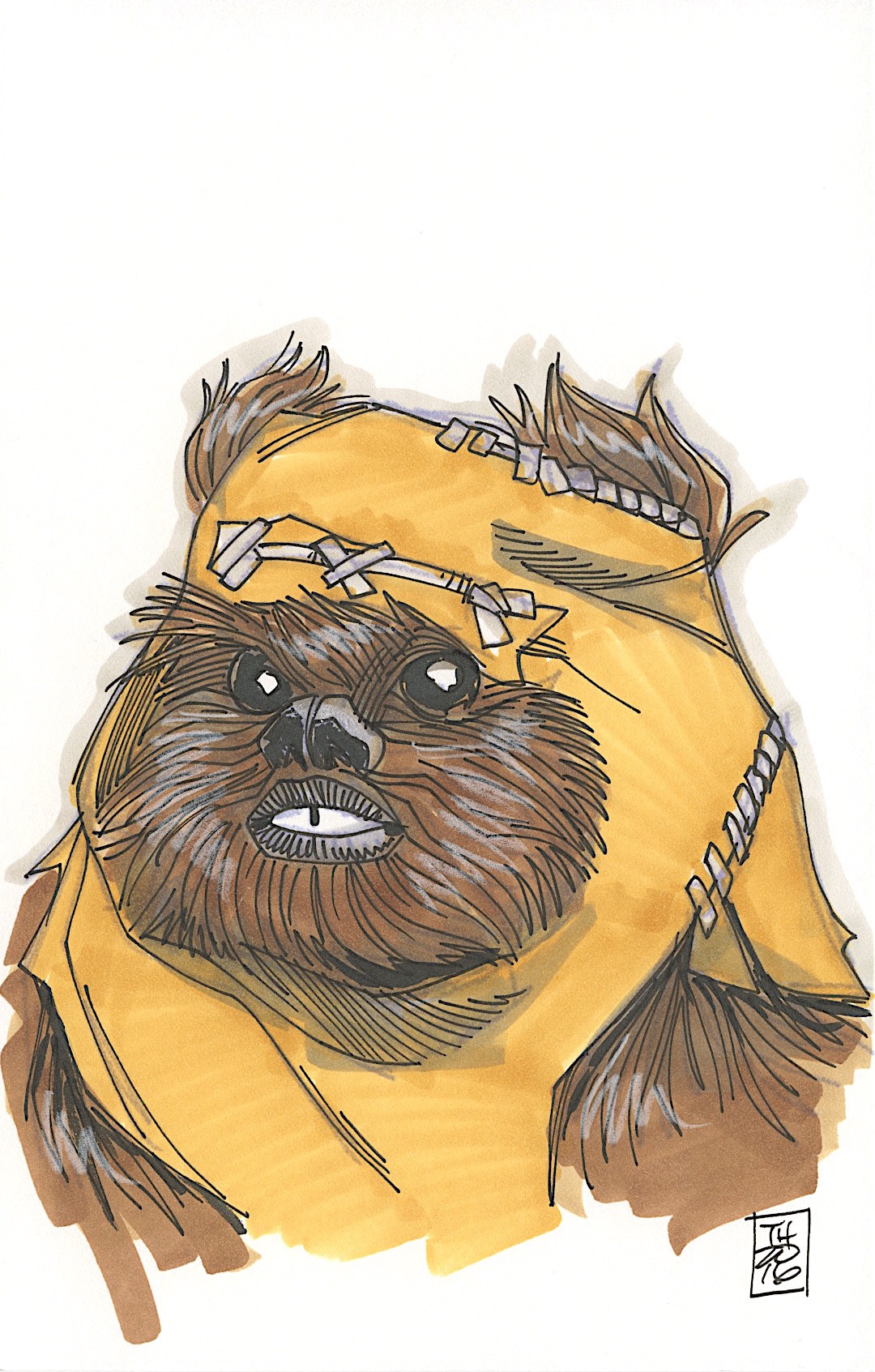 Wicket / Ewok "Star Wars" 1/1 ORIGINAL 5.5" x 8.5" Color Drawing on Paper Signed by Tom Hodges at PristineAuction.com Wicket / Ewok "Star Wars" 1/1 ORIGINAL 5.5" x 8.5" Color Drawing on Paper Signed by Tom Hodges at PristineAuction.com