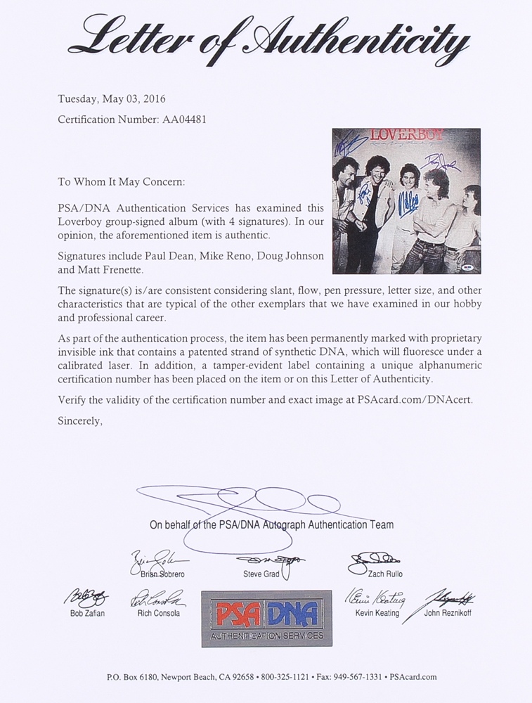 Mike Reno, Paul Dean, Doug Johnson & Matt Frenette Signed Loverboy "Lovin' Every Minute of It" Record Album Cover (PSA LOA) at PristineAuction.com Mike Reno, Paul Dean, Doug Johnson & Matt Frenette Signed Loverboy "Lovin' Every Minute of It" Record Album Cover (PSA LOA) at PristineAuction.com