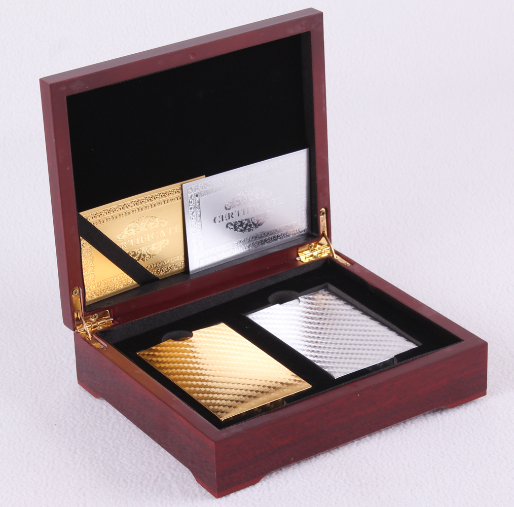 Lot of (2) Complete Sets of (52) Pure 24K Gold & 99.9% Silver Leafed Playing Cards with Wooden Display Box at PristineAuction.com Lot of (2) Complete Sets of (52) Pure 24K Gold & 99.9% Silver Leafed Playing Cards with Wooden Display Box at PristineAuction.com