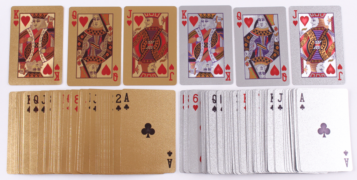 Lot of (2) Complete Sets of (52) Pure 24K Gold & 99.9% Silver Leafed Playing Cards with Wooden Display Box at PristineAuction.com Lot of (2) Complete Sets of (52) Pure 24K Gold & 99.9% Silver Leafed Playing Cards with Wooden Display Box at PristineAuction.com