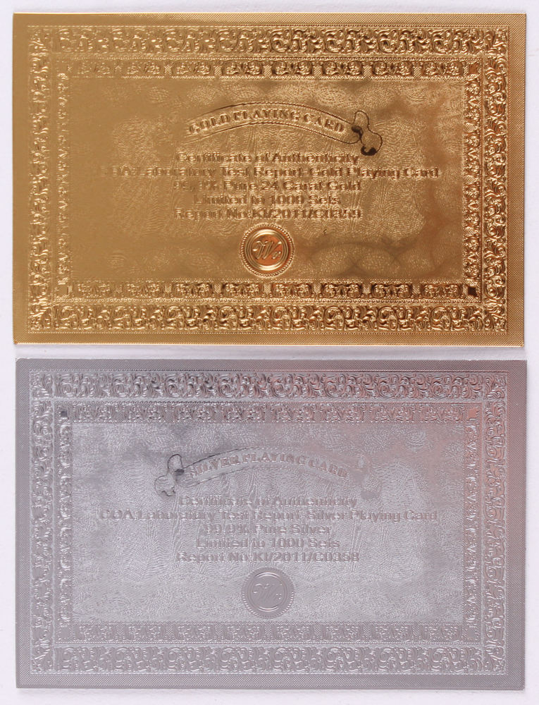 Lot of (2) Complete Sets of (52) Pure 24K Gold & 99.9% Silver Leafed Playing Cards with Wooden Display Box at PristineAuction.com Lot of (2) Complete Sets of (52) Pure 24K Gold & 99.9% Silver Leafed Playing Cards with Wooden Display Box at PristineAuction.com
