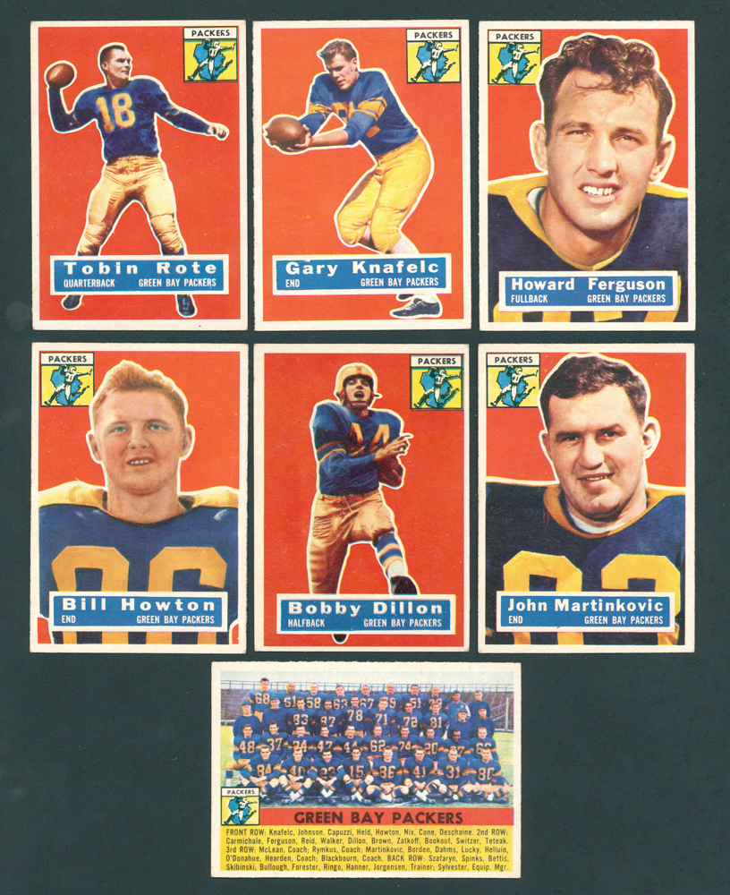 Lot of (7) 1956 Topps Green Bay Packers Football Cards with #19 Billy Howton, #31 Howard Ferguson, #43 Gary Knafelc RC, #55 Tobin Rote, #91 John Martinkovic, #103 Bobby Dillon & #7 Green Bay Packers TC at PristineAuction.com Lot of (7) 1956 Topps Green Bay Packers Football Cards with #19 Billy Howton, #31 Howard Ferguson, #43 Gary Knafelc RC, #55 Tobin Rote, #91 John Martinkovic, #103 Bobby Dillon & #7 Green Bay Packers TC at PristineAuction.com