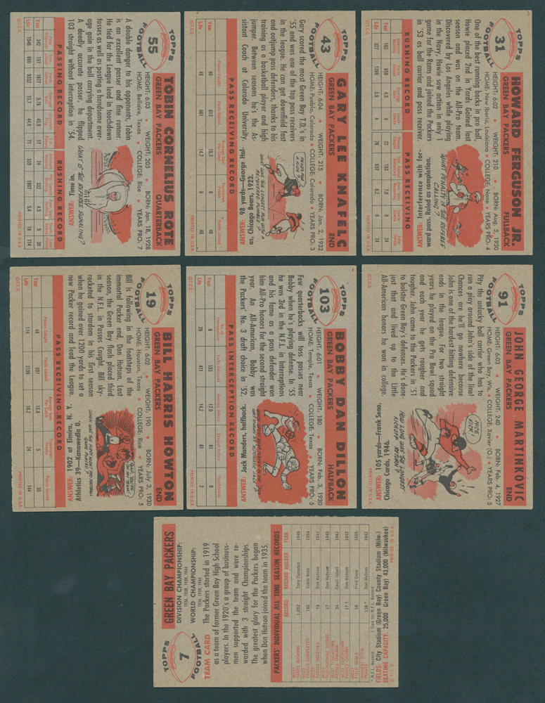 Lot of (7) 1956 Topps Green Bay Packers Football Cards with #19 Billy Howton, #31 Howard Ferguson, #43 Gary Knafelc RC, #55 Tobin Rote, #91 John Martinkovic, #103 Bobby Dillon & #7 Green Bay Packers TC at PristineAuction.com Lot of (7) 1956 Topps Green Bay Packers Football Cards with #19 Billy Howton, #31 Howard Ferguson, #43 Gary Knafelc RC, #55 Tobin Rote, #91 John Martinkovic, #103 Bobby Dillon & #7 Green Bay Packers TC at PristineAuction.com