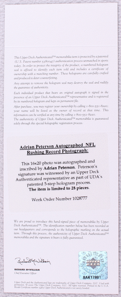 Adrian Peterson Signed LE Vikings "NFL Rushing Record" 16x20 Photo (UDA COA) at PristineAuction.com Adrian Peterson Signed LE Vikings "NFL Rushing Record" 16x20 Photo (UDA COA) at PristineAuction.com