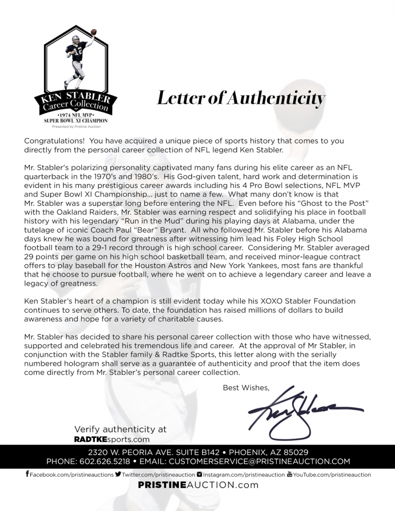 Ken Stabler 1974 Gillette Cavalcade of Champions "Outstanding Achievement in Professional Football" Trophy (Stabler LOA) at PristineAuction.com Ken Stabler 1974 Gillette Cavalcade of Champions "Outstanding Achievement in Professional Football" Trophy (Stabler LOA) at PristineAuction.com