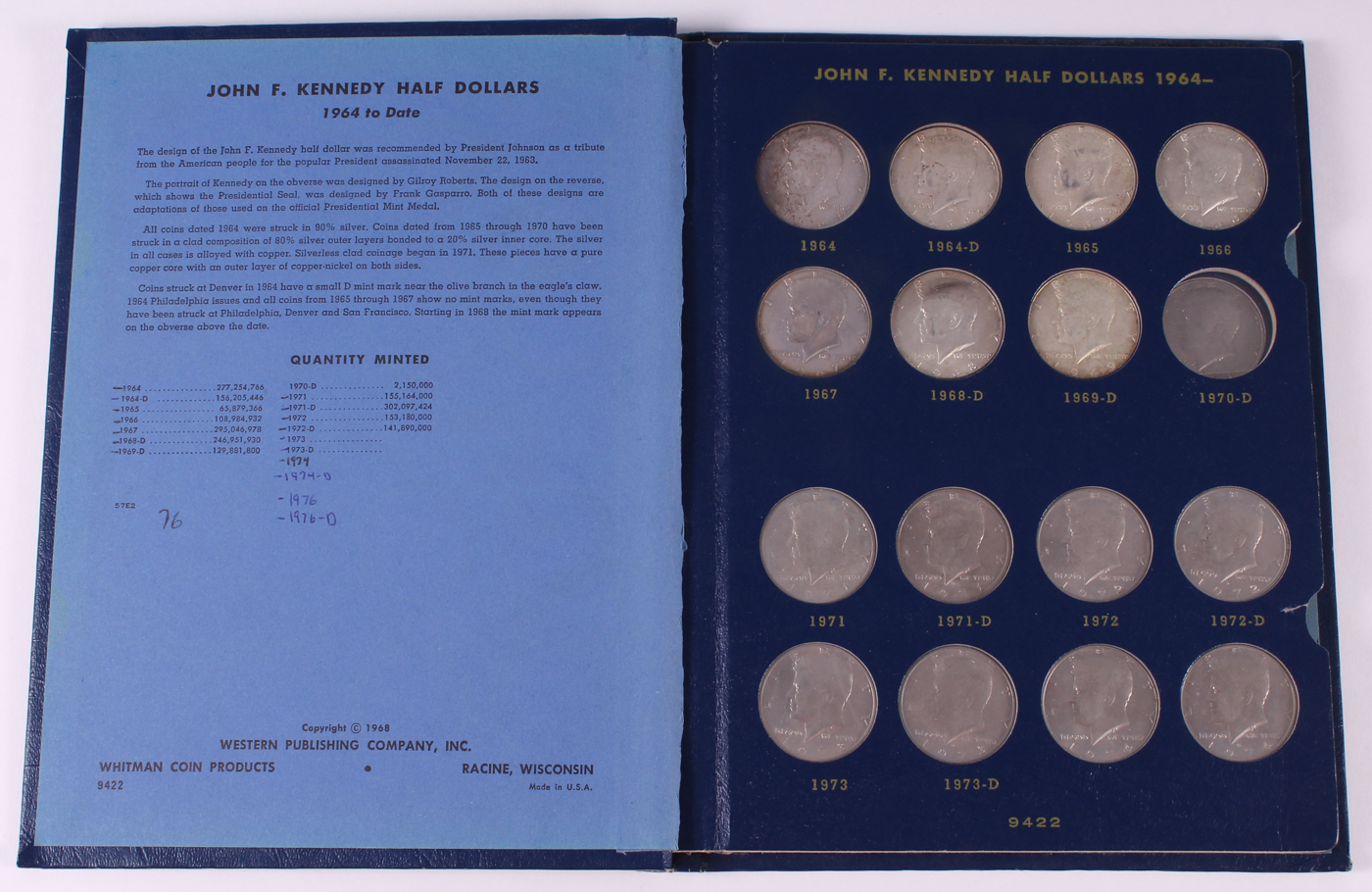 Vintage 1968 Album Of (24) John F. Kennedy Silver Half-Dollar Coins at PristineAuction.com Vintage 1968 Album Of (24) John F. Kennedy Silver Half-Dollar Coins at PristineAuction.com