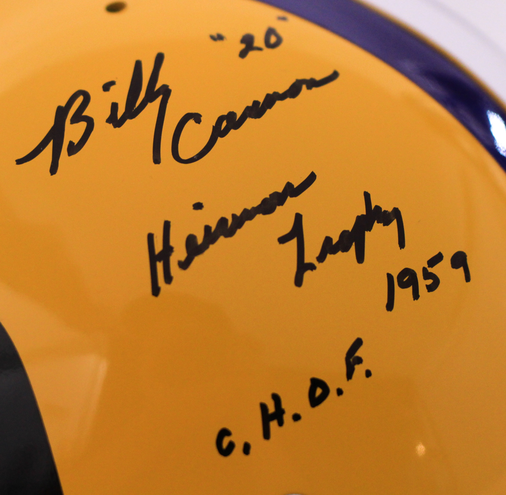 Billy Cannon Signed LSU Tigers Full-Size Authentic Throwback Suspension Helmet Inscribed "Heisman Trophy 1959" & "C.H.O.F." (JSA COA) at PristineAuction.com Billy Cannon Signed LSU Tigers Full-Size Authentic Throwback Suspension Helmet Inscribed "Heisman Trophy 1959" & "C.H.O.F." (JSA COA) at PristineAuction.com