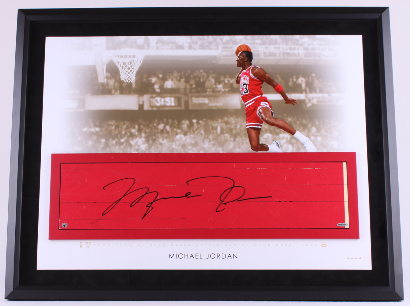 Michael Jordan Signed Bulls 28x35 Custom Framed Authentic Game-Used Floor Piece Limited Edition #23/23 (UDA COA) at PristineAuction.com Michael Jordan Signed Bulls 28x35 Custom Framed Authentic Game-Used Floor Piece Limited Edition #23/23 (UDA COA) at PristineAuction.com