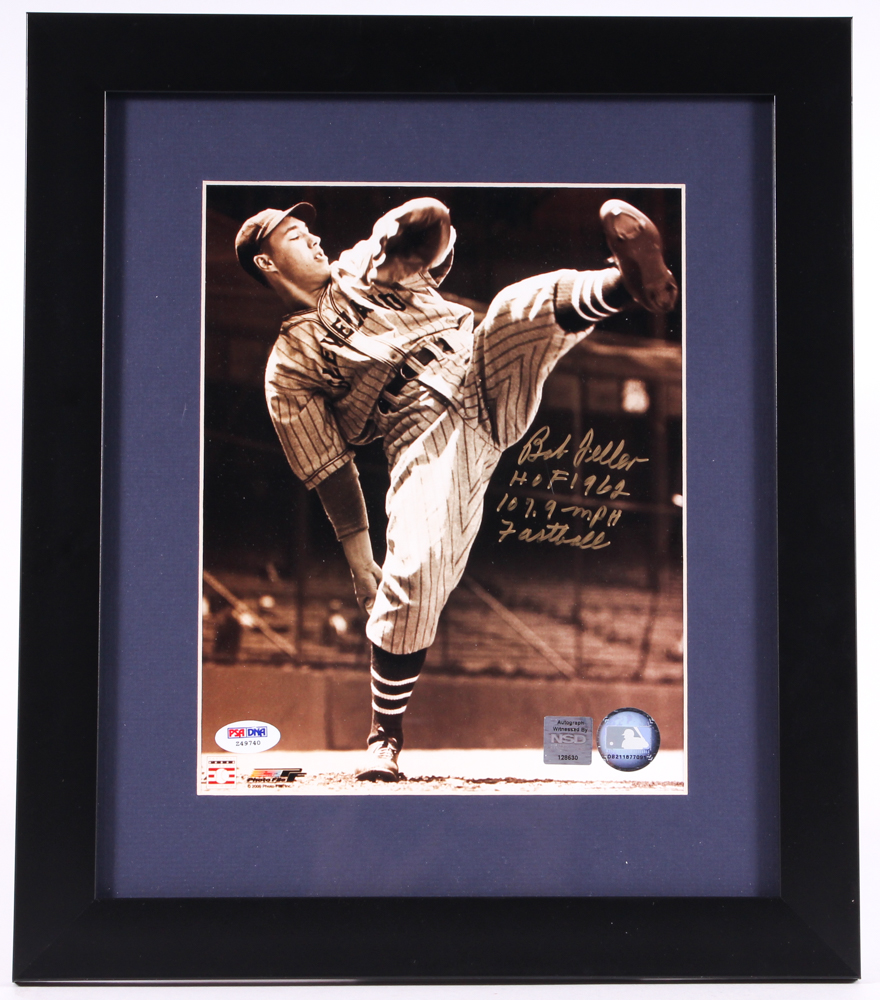 Bob Feller Signed Indians 13x15 Custom Framed Photo Inscribed "HOF 1962" & "107.9 MPH Fastball" (PSA COA) at PristineAuction.com Bob Feller Signed Indians 13x15 Custom Framed Photo Inscribed "HOF 1962" & "107.9 MPH Fastball" (PSA COA) at PristineAuction.com