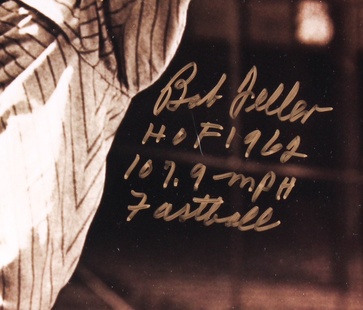Bob Feller Signed Indians 13x15 Custom Framed Photo Inscribed "HOF 1962" & "107.9 MPH Fastball" (PSA COA) at PristineAuction.com Bob Feller Signed Indians 13x15 Custom Framed Photo Inscribed "HOF 1962" & "107.9 MPH Fastball" (PSA COA) at PristineAuction.com