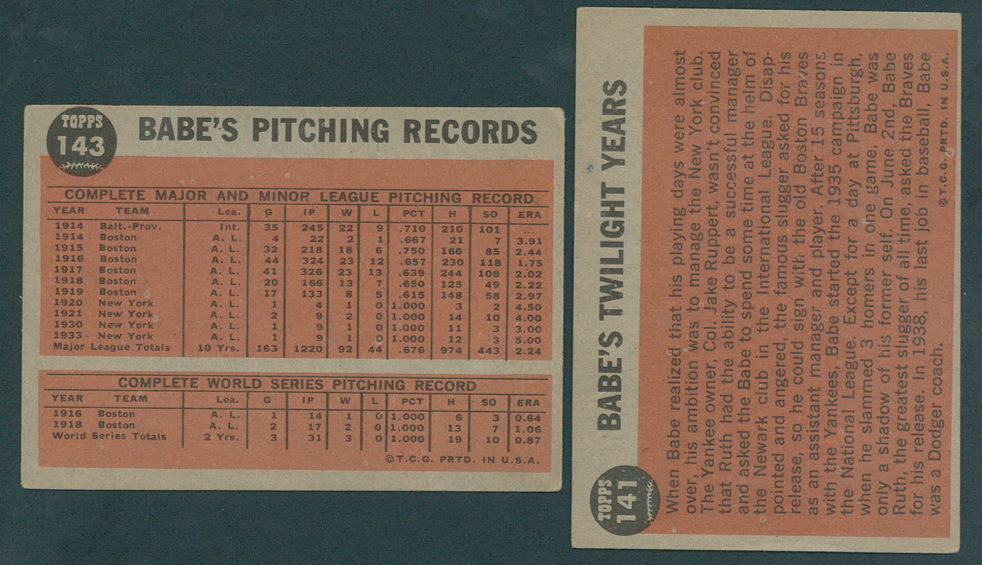 Lot of (2) 1962 Topps Babe Ruth Special Baseball Cards with #141 / Twilight Years & #143 / Greatest Sports Hero at PristineAuction.com Lot of (2) 1962 Topps Babe Ruth Special Baseball Cards with #141 / Twilight Years & #143 / Greatest Sports Hero at PristineAuction.com