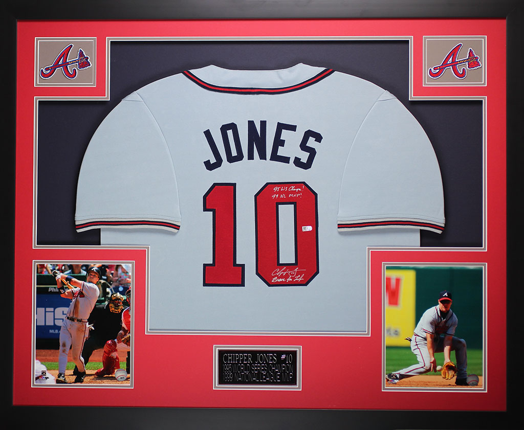 Chipper Jones Signed Braves 35x43 Custom Framed Jersey Inscribed "95 WS Champs!", "99 NL MVP!" & "Brave for Life" (MLB) at PristineAuction.com Chipper Jones Signed Braves 35x43 Custom Framed Jersey Inscribed "95 WS Champs!", "99 NL MVP!" & "Brave for Life" (MLB) at PristineAuction.com