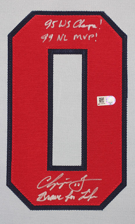 Chipper Jones Signed Braves 35x43 Custom Framed Jersey Inscribed "95 WS Champs!", "99 NL MVP!" & "Brave for Life" (MLB) at PristineAuction.com Chipper Jones Signed Braves 35x43 Custom Framed Jersey Inscribed "95 WS Champs!", "99 NL MVP!" & "Brave for Life" (MLB) at PristineAuction.com