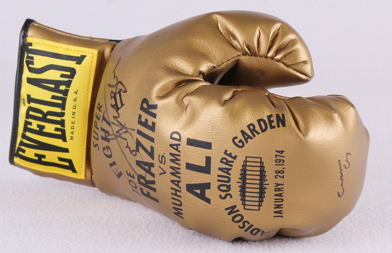 Muhammad Ali AKA "Cassius Clay" & Joe Frazier Signed 1974 Madison Square Garden "Super Fight II" Gold Everlast Boxing Glove (JSA LOA) at PristineAuction.com Muhammad Ali AKA "Cassius Clay" & Joe Frazier Signed 1974 Madison Square Garden "Super Fight II" Gold Everlast Boxing Glove (JSA LOA) at PristineAuction.com