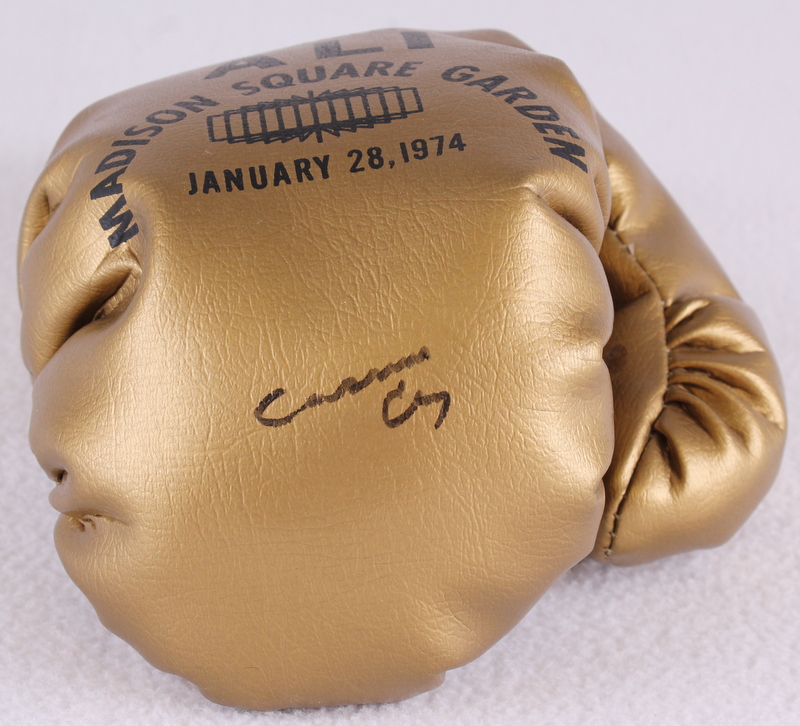 Muhammad Ali AKA "Cassius Clay" & Joe Frazier Signed 1974 Madison Square Garden "Super Fight II" Gold Everlast Boxing Glove (JSA LOA) at PristineAuction.com Muhammad Ali AKA "Cassius Clay" & Joe Frazier Signed 1974 Madison Square Garden "Super Fight II" Gold Everlast Boxing Glove (JSA LOA) at PristineAuction.com