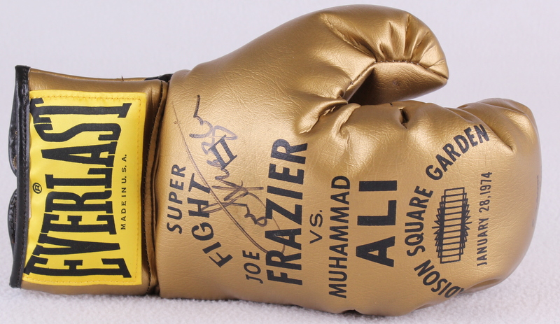 Muhammad Ali AKA "Cassius Clay" & Joe Frazier Signed 1974 Madison Square Garden "Super Fight II" Gold Everlast Boxing Glove (JSA LOA) at PristineAuction.com Muhammad Ali AKA "Cassius Clay" & Joe Frazier Signed 1974 Madison Square Garden "Super Fight II" Gold Everlast Boxing Glove (JSA LOA) at PristineAuction.com