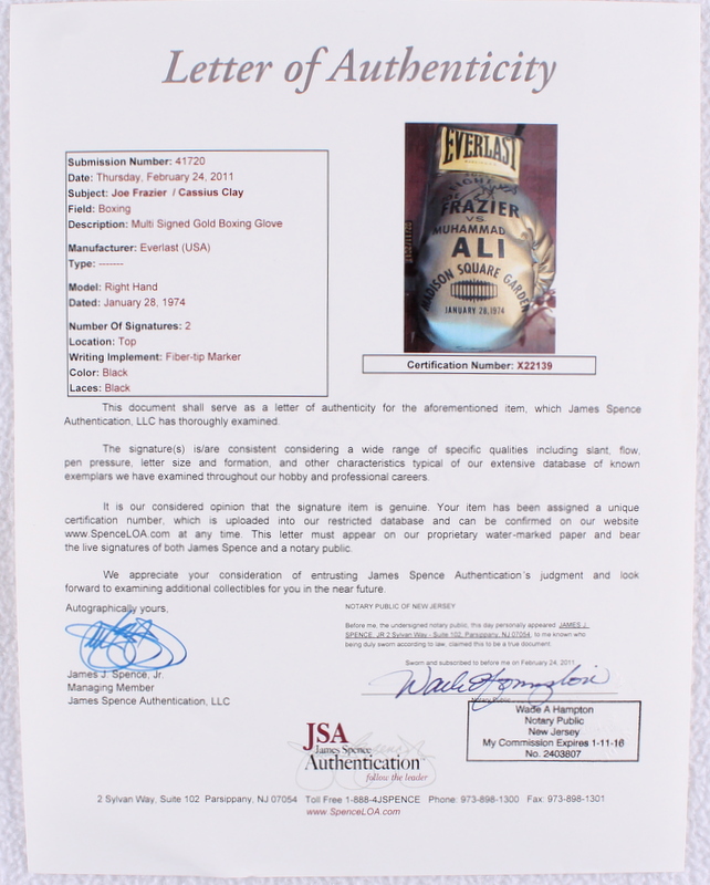 Muhammad Ali AKA "Cassius Clay" & Joe Frazier Signed 1974 Madison Square Garden "Super Fight II" Gold Everlast Boxing Glove (JSA LOA) at PristineAuction.com Muhammad Ali AKA "Cassius Clay" & Joe Frazier Signed 1974 Madison Square Garden "Super Fight II" Gold Everlast Boxing Glove (JSA LOA) at PristineAuction.com