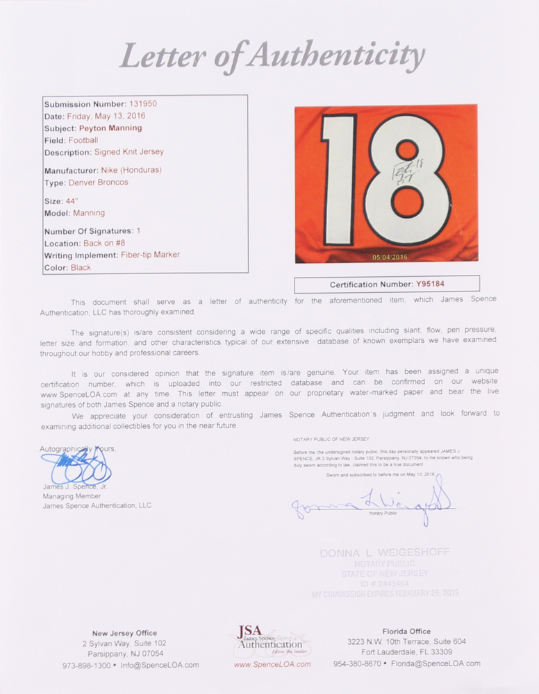 Peyton Manning Signed Broncos Nike Authentic Jersey (JSA ALOA) at PristineAuction.com Peyton Manning Signed Broncos Nike Authentic Jersey (JSA ALOA) at PristineAuction.com