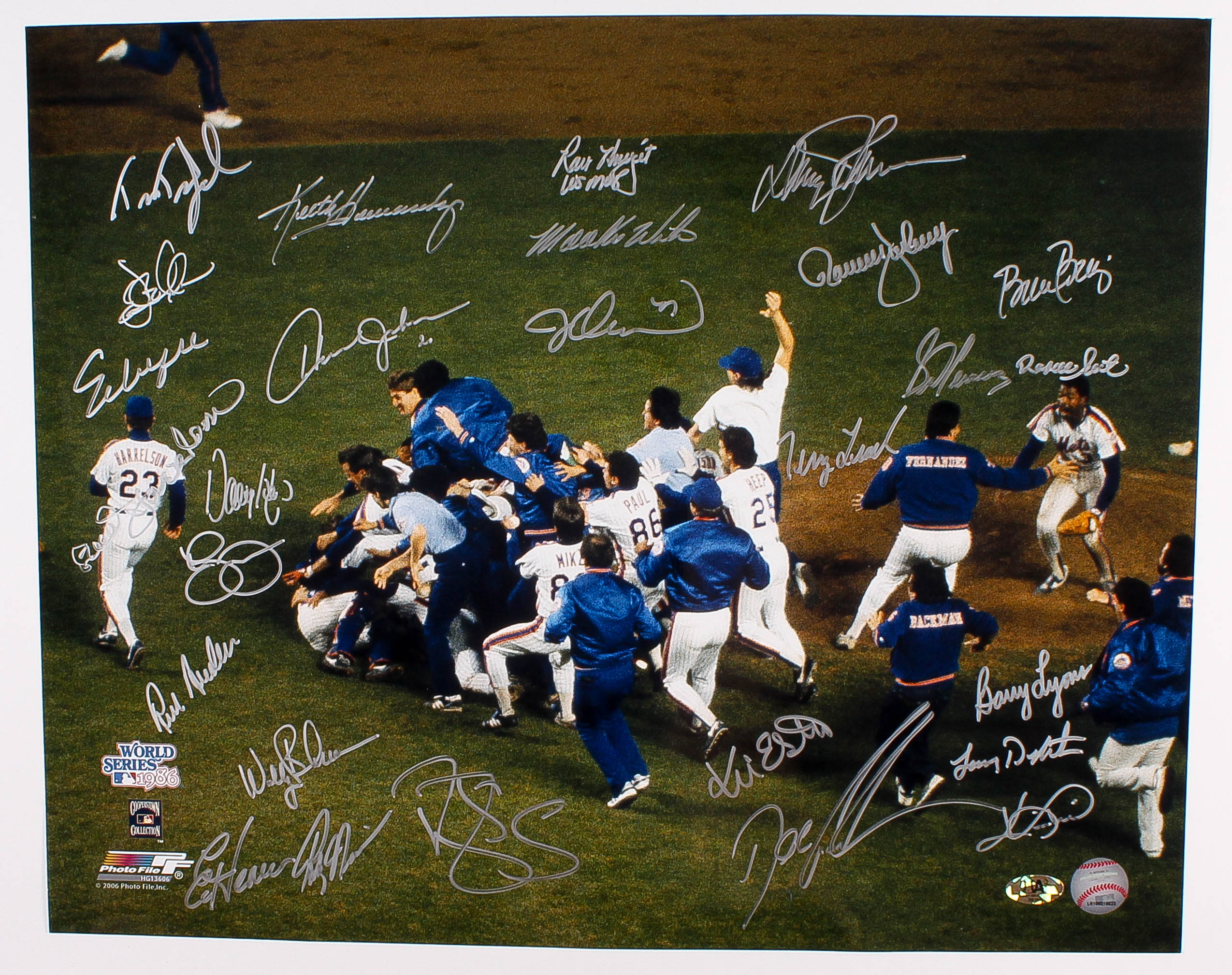 1986 Mets World Series Pile Up 16x20 Team Signed Photo with (27) Signatures Including Dwight Gooden, Lenny Dykstra, Darryl Strawberry, Mookie Wilson, Bud Harrelson, Jesse Orosco (MAB COA) at PristineAuction.com 1986 Mets World Series Pile Up 16x20 Team Signed Photo with (27) Signatures Including Dwight Gooden, Lenny Dykstra, Darryl Strawberry, Mookie Wilson, Bud Harrelson, Jesse Orosco (MAB COA) at PristineAuction.com